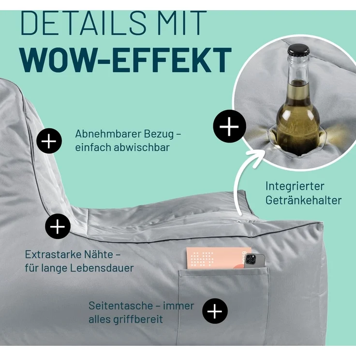 Lumaland Sitzsack Sitzsack-Lounge In-& Outdoor 380l grau, mit Flaschenhalter – Bild 4