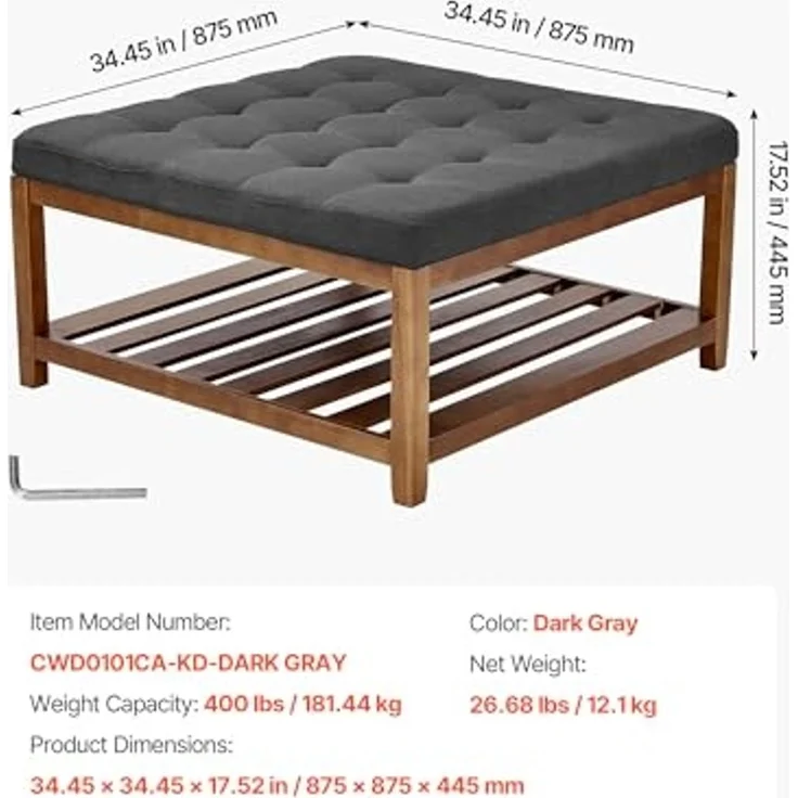 VEVOR quadratischer Couchtisch (875 x 875 x 445 mm) mit Ablagefläche aus Massivholz, massiv gepolsterte Ottomane mit Fußstütze aus Leinen für Schlafzimmer Wohnzimmer, 181,44 kg, Dunkelgrau – Bild 3