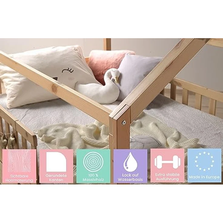 TiCAA Kinderbett Hausbett mit Tüll Kim 90x200 cm, 100x200 cm, 120x200 cm, 140x200 für Jungen & Mädchen, inkl. Rolllattenrost, Rausfallschutz variabel, Montessori Bett Natur aus Kiefer Massivholz – Bild 7