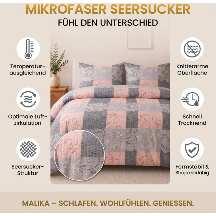 Malika Bettwäsche 1 x 155 x 220 + 1 x 80 x 80 cm, Ranke-Rose, Seersucker, 2 teilig, Allergikergeeignet, Pflegeleicht und Atmungsaktiv – Bild 2