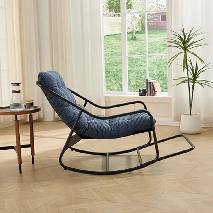 Ball & Cast Schaukelstuhl für Drinnen & Draußen, Rocking Chair mit Gepolstertem Kissen und Fußstütze, Balkonsessel für Wohnzimmer, Garten & Terrasse, Marineblau – Bild 5