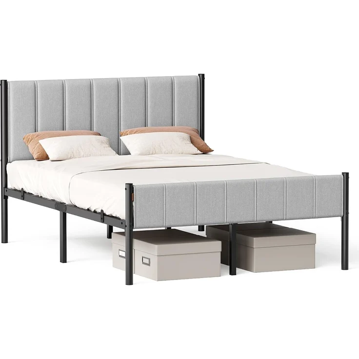 VASAGLE Doppelbettgestell, Bettgestell, 140 x 200 cm, mit gepolstertem Kopfteil, Bettrahmen, Stahl-Latten, trägt bis zu 500 kg, einfache Montage, Taubengrau – Bild 1