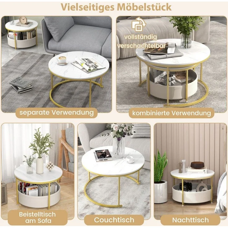 COSTWAY Couchtisch (2er Set), rund Satztisch Marmor mit Korb gold – Bild 2