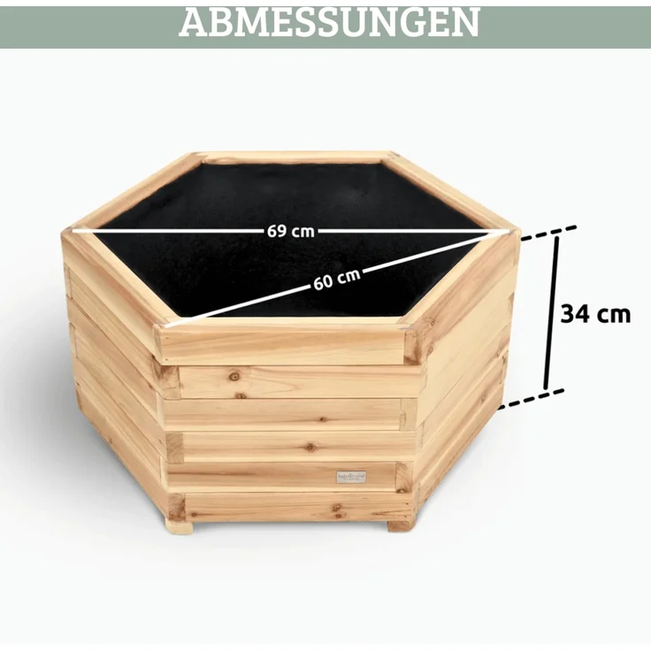 Pflanzkasten Holz 6-eckig MICHA - Inkl. Vlies und Handschuhe | Pflanzkübel Tannenholz Blumenkasten Blumenkübel Blumentopf Terrasse, 60cm Breit – Bild 2