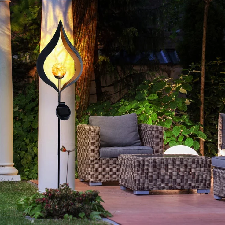 3x LED Solar Stecklampen, schwarz, gold, Feuereffekt, H 93 cm – Bild 3