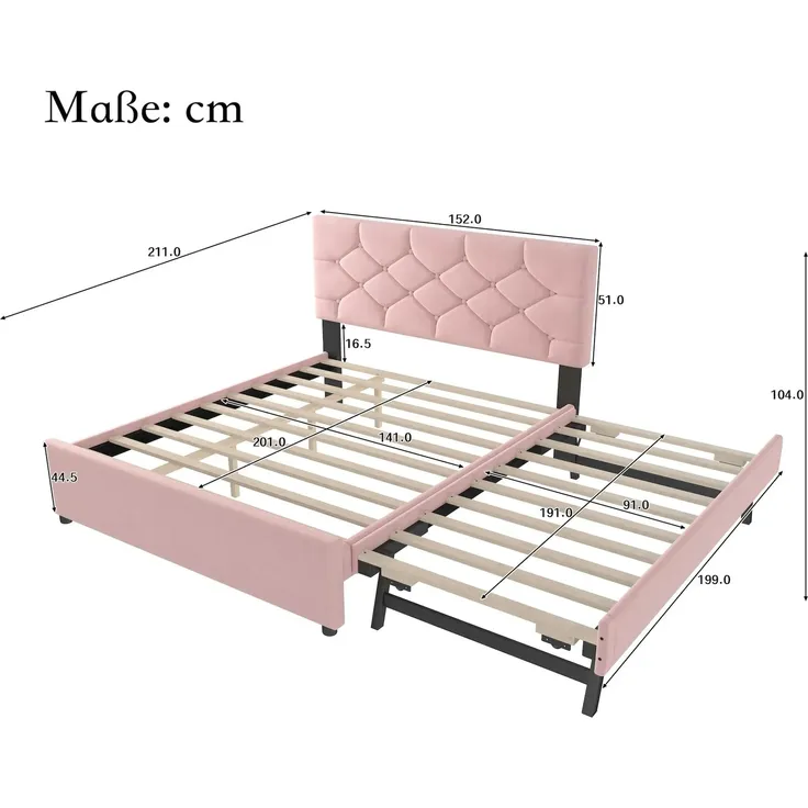 Polsterbett mit Gästebett und Lattenrost, (140x200 cm), Doppelbett, Jugendbett, Samt – Bild 2