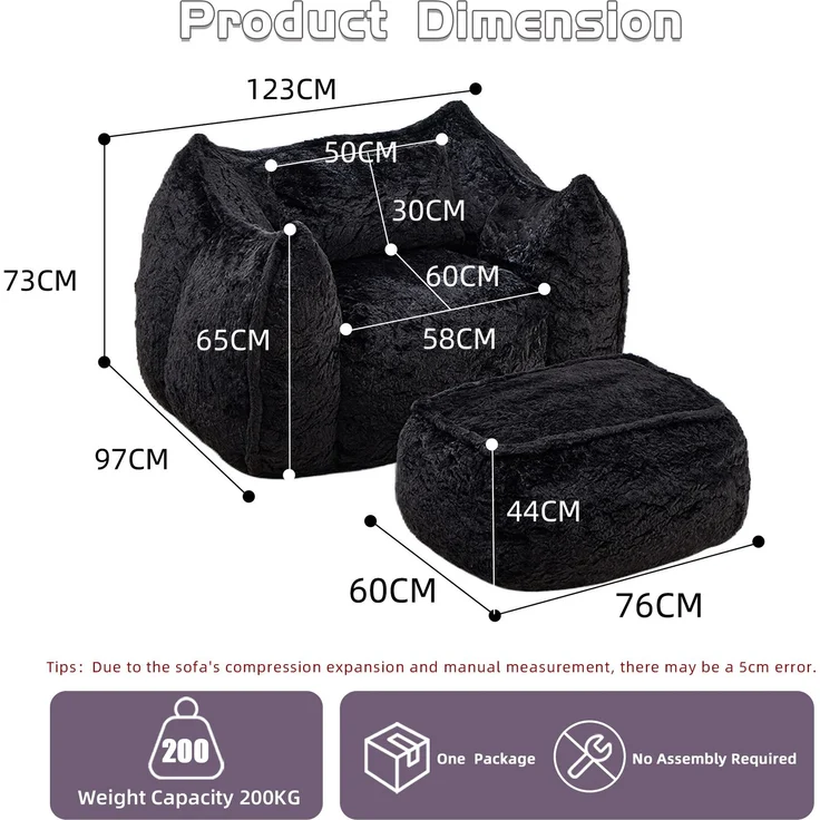 Riesiger Sitzsack für Erwachsene und Kinder, Sitzsack-Sofa mit Kunstfellbezug, Kissen und Hocker, bequemes Lese- und Spielsofa für Schlaf- und Wohnzimmer, Schwarz--Schwarz--123x157x73cm--YOUDENOVA – Bild 3