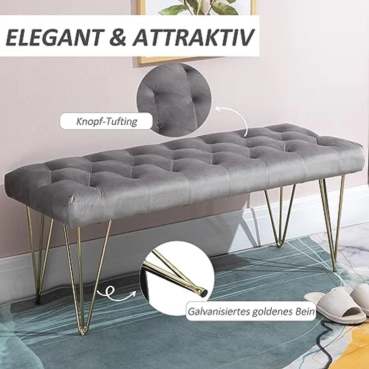 HOMCOM Sitzbank Schuhbank mit Samtoptik (Bettbank, 1-St, Polyesterbank), Grau 116 x 44,5 x 49 cm – Bild 5