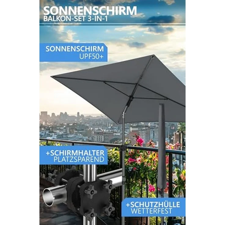 4smile Sonnenschirm Balkon SunnyShade, Sonnnenschutz Balkon SET 3-in-1, Anthrazit - UV50+ SunnyGuy Sonnenschirm rechteckig 200x125 cm + Sonnenschirmhalter Balkongeländer + Sonnenschirmhülle – Bild 2
