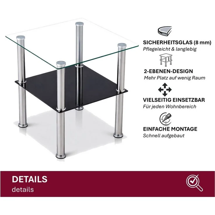 HOOZ Beistelltisch Beistelltisch 40x40cm, schwarze Ablage - gerundet (Set, 1-St, 1 x Beistelltisch), schwarze abgerundete Ablage – Bild 3