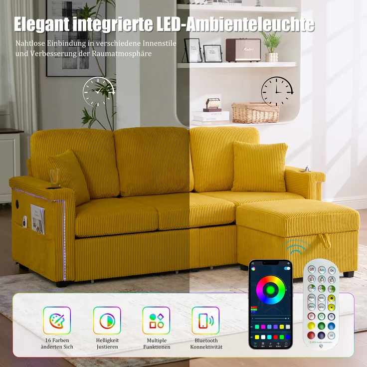 Sofa, Hochwertiges Samtsofa mit LED-Beleuchtung USB-C-Port inklusive Stauraum-Fußteil praktischen Getränkehaltern und Seitentaschen Premium Qualität für Wohnzimmer Schlafzimmer oder Büro, Samt, Senfgelb, – Bild 3