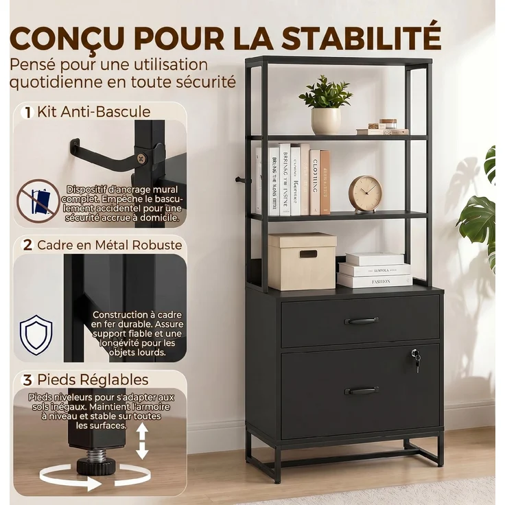Aktenschrank mit Schubladen, Abschließbar Aufbewahrungsschrank mit Bücherregal für A4, Letter und Legal-Format, Schwarz--Schwarz--157x40x70cm--YOUDENOVA – Bild 9