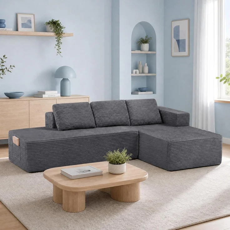 COMHOMA Ecksofa mit Schlaffunktion, 255cm Corduroy Modulares Boneless Couch mit Chaiselongue & Rücken-Metallgestell, L-Form Schlafsofa mit offenem Design, Kissen & Seitentaschen,für Wohnzimmer, Gris-L – Bild 13