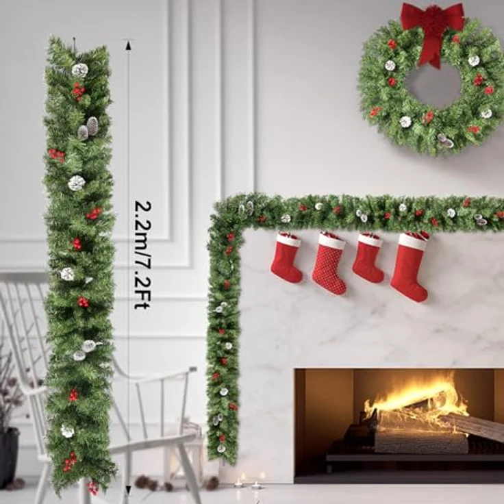 Weihnachtsgirlande 220cm, Uten Tannengirlande mit Tannenzapfen und rote Beeren Weihnachtsdeko für Outdoor, Treppe, Tür, Kamin – Bild 3