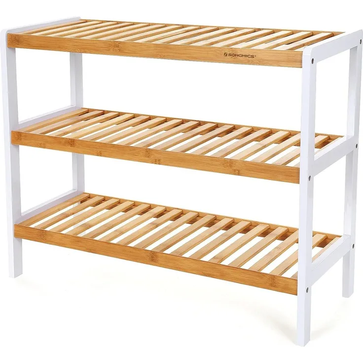 Songmics Schuhregal aus Bambus, Schuhablage mit 3 Ebenen, Schuh-Organizer, Regal für Schuhe, Pflanzen, Bücher, Wohnzimmer, Flur, Schlafzimmer, Badezimmer, 26 x 70 x 55 cm, weiß-naturfarben LBS03H