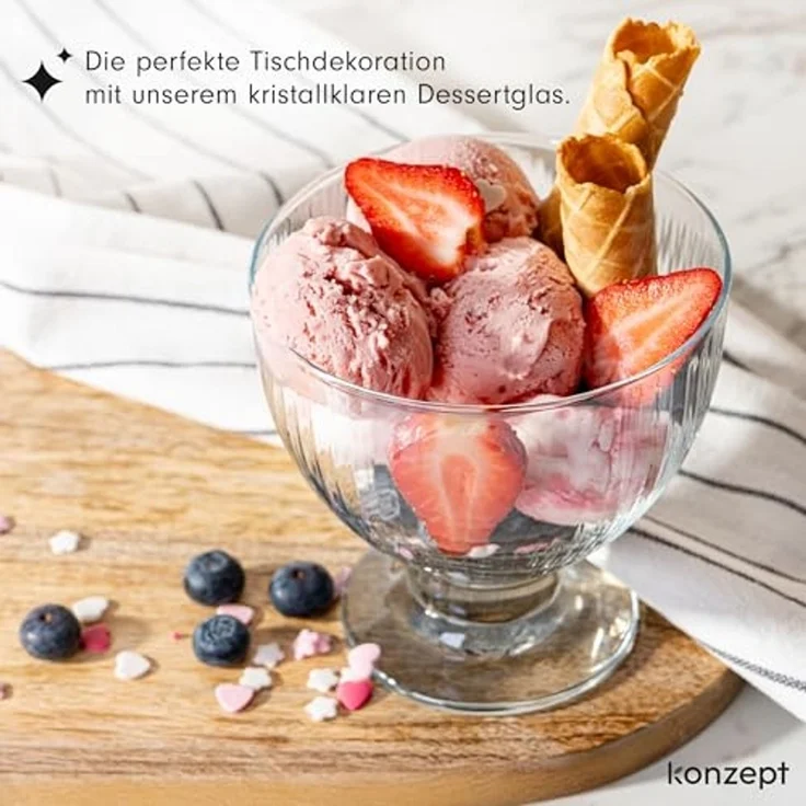 KONZEPT Eisschale Eisbecher Glas Set, Glasschale mit Fuß 405 ml, Glas Geriffelt für Eis, (4-tlg), Perfekt für Schichtdessert, Candy Bar Zubehör – Bild 5
