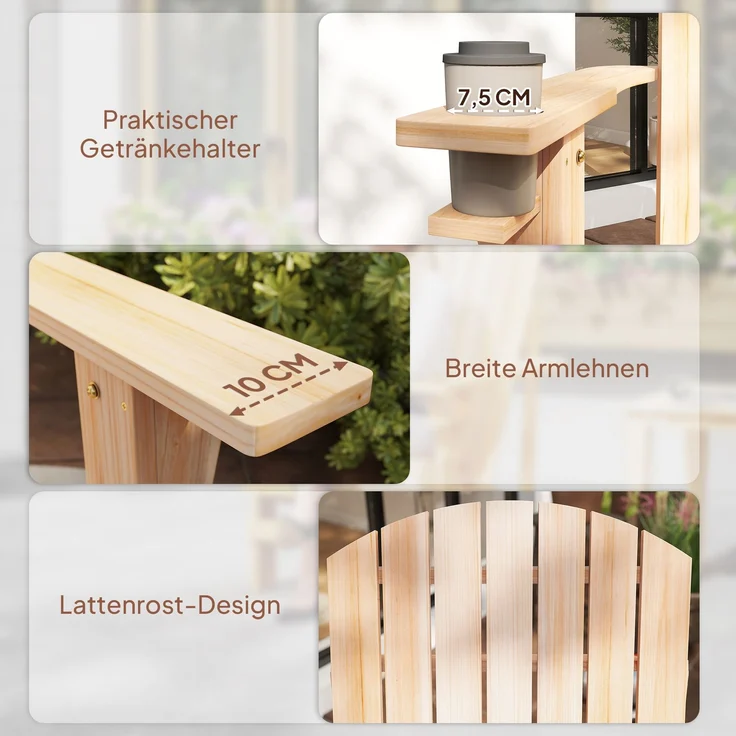 Adirondack-Gartenstuhl mit Becherhalter Gartenliege Balkonstuhl Massivholz Natur 72 x 95 x 93 cm--Natur--93x95x72cm--YOUDENOVA – Bild 10