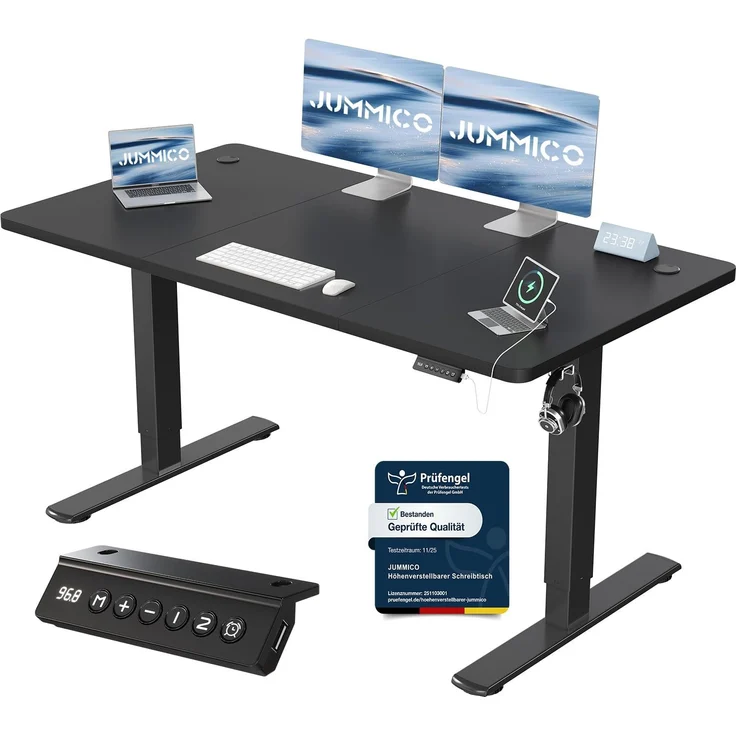 JUMMICO Schreibtisch elektrisch höhenverstellbar mit USB-Ladeanschluss, Schwarz, 140x60 cm