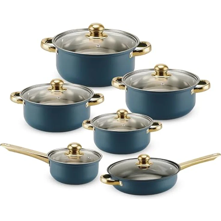 Retoo Topf-Set OR203, 12-teiliges Edelstahl Kochgeschirr-Set mit hitzebeständigen Glasdeckeln und isolierenden Griffen, Blau – Bild 1