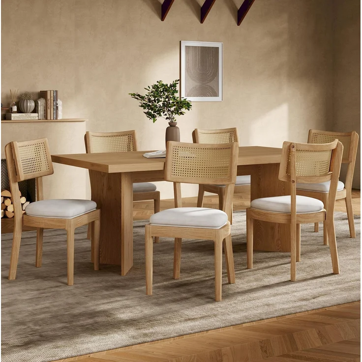 Esszimmerstühle 6er-Set 88×50×58cm aus Massivholz mit Rattan-Rückenlehne und Leinenpolster, Holzfarbe – Bild 1