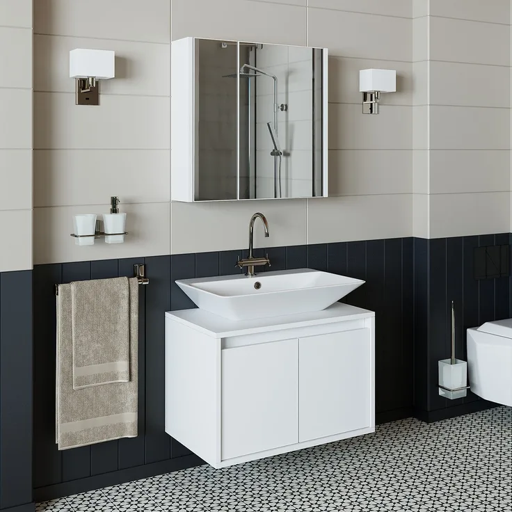 Roomart ATLANTIC-65 Badmöbel Set– 3-teiliges Badezimmermöbel Set - Unterschrank, Waschbecken & Spiegelschrank - H 45 x B 45 x T 65 cm • Weiß