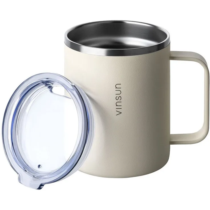 Vinsun Thermobecher Edelstahl Isolierbecher 350ml - Kaffeebecher mit Henkel und Deckel, 2-tlg, Edelstahl, Doppelwandig isoliert, BPA frei, bruchfest, Kalt- und Heißgetränke