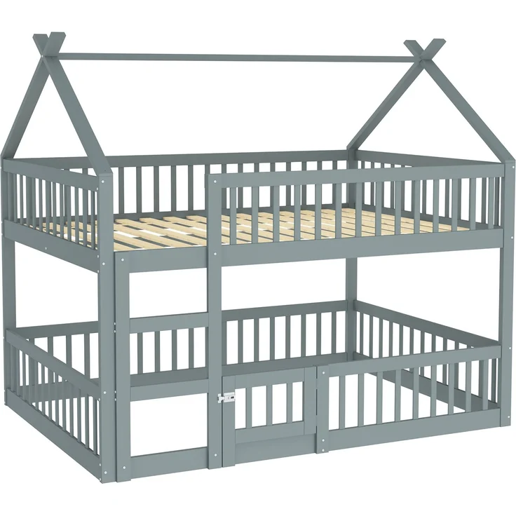 Etagenbett 140x200 cm mit Treppe und Tür – Massivholz Hoch-/Familienbett, Grau – Bild 8