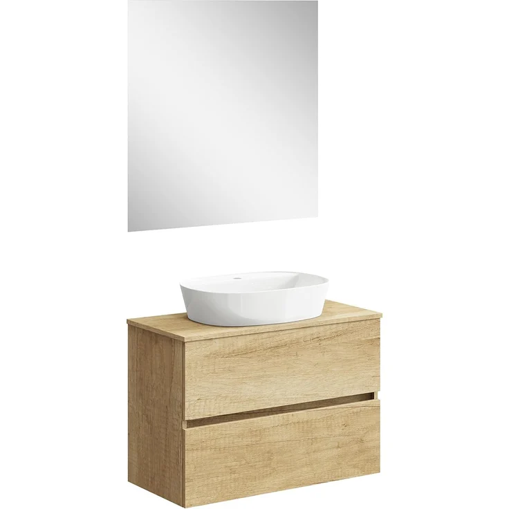 Baikal Onyx Badezimmerschrank, montiert, 2 Schubladen, Badezimmermöbel mit Waschbecken, Hängeschrank, Wandschrank, Keramikwaschbecken, inkl. Spiegel, 90 cm Natur
