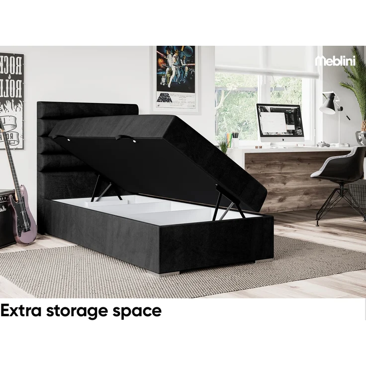 MEBLINI Boxspringbett KARIM 90x200 cm mit Bettkasten - H3/Schwarz Samt Gepolstert Einzelbett mit Topper & Taschenfederkern-Matratze - 90x200 Links – Bild 2