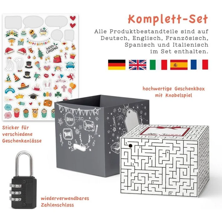 SURPRISA Geschenkbox Rätzel Geschenkbox, Geldgeschenk Verpackung & Gutschein Geschenk Box (inkl. 3-stelligem Zahlenschloss), Geschenkkarton Labyrinthrätsel, 16,5 x 16,5 x 16,5 cm, weiß – Bild 2