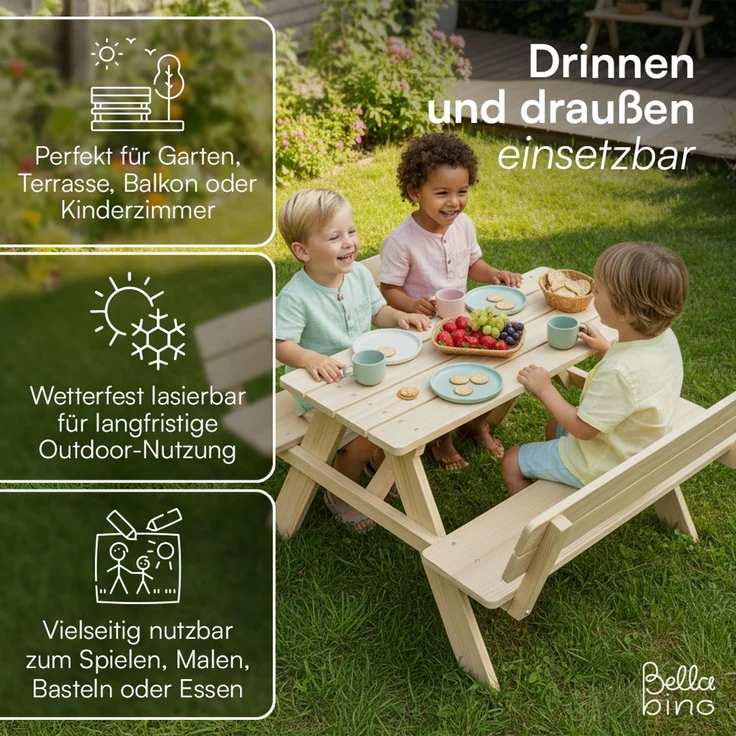 Bellabino 'Inny' Sitzgarnitur für Kinder mit Lehne, Kiefer massiv, natur unbehandelt, 50x102x89 cm, Kindersitzgarnitur für 4 Personen, ab 2 Jahren – Bild 5