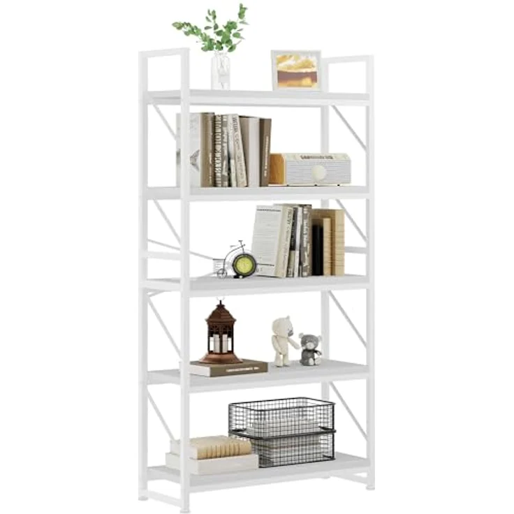 YITAHOME Bücherregal Mit 5 Ebenen - Industrielles Holzregal Mit Metallrahmen, Großes Freistehendes Regal, Präsentationsregal für Wohnzimmer, Heimbüro - Reinweiß – Bild 7