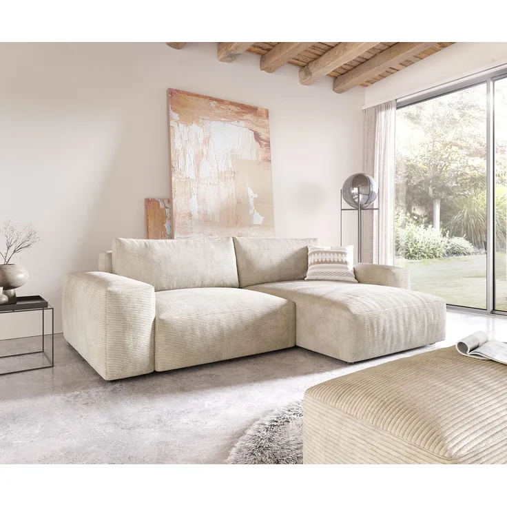 Ecksofa Lanzo XL 270x180 cm Cord Beige Recamiere variabel mit Hocker