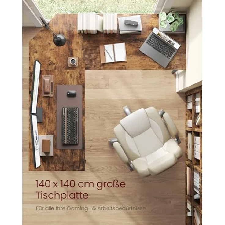 VASAGLE Schreibtisch, L-förmiger Computertisch, 140 x 140 x 76 cm, Eckschreibtisch, platzsparender Bürotisch, Gaming, Homeoffice, einfacher Aufbau, vintagebraun-tintenschwarz LWD73XV1 – Bild 5