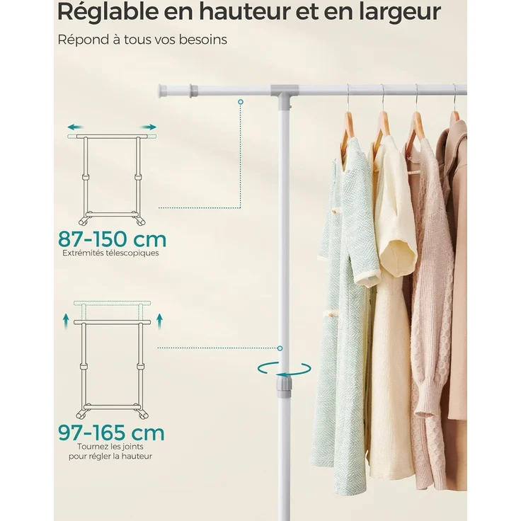 SONGMICS Kleiderständer auf Rollen, Kleiderstange, höhenverstellbar zwischen 97 und 165 cm, ausziehbare Garderobenstange, Garderobenständer, seitliche Haken für Accessoires, weiß LLR001W01 – Bild 7