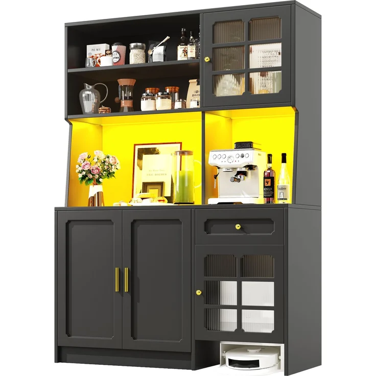Küchenschrank, hoher Küchenschrank Sideboard Küchenschrank mit Glastüren und LED-Beleuchtung, MDF/Glas, Schwarz, 130 x 45 x 180 cm – Bild 8