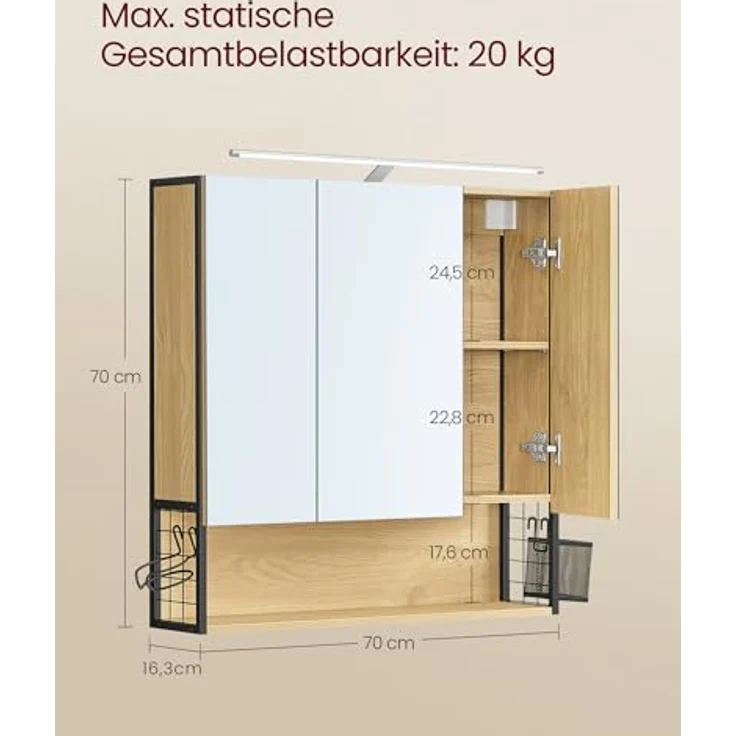 VASAGLE Badezimmerschrank mit LED-Beleuchtung, 14,5 x 70 x 70 cm, Stecker, Hängekorb, Haartrockner-Halter, Spiegelschrank, Badschrank, Wandschrank, für Badezimmer, natureichenfarben BBK124Y01 – Bild 4