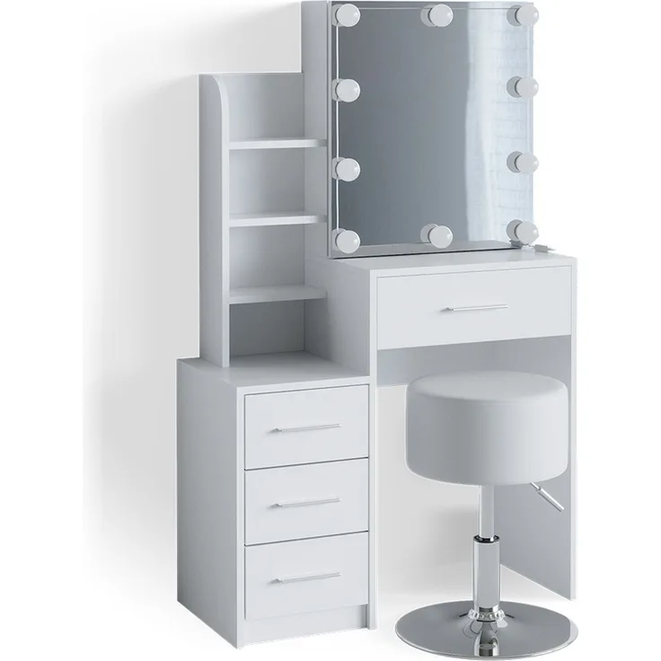 Schminktisch Conrada Weiß 80 cm mit LED Beleuchtung und Hocker Vicco