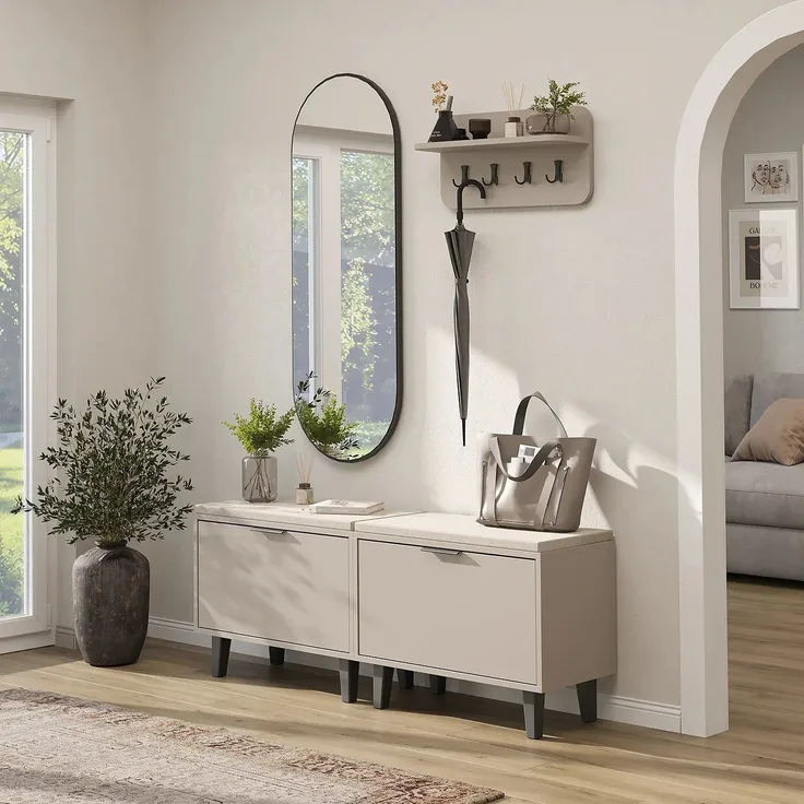 Roomart NORD Garderobenset 4-teilig – 2 Sitzbänke mit Schuhklappe, Wandgarderobe & ovaler Spiegel – Flurgarderobe – H 53 x B 73.6 x T 35 cm (Sitzbank) • Beige