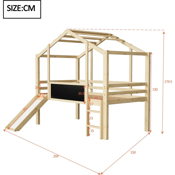Kinder Hochbett Mit Rutsche Und Schiefertafel 90x200 Hausform Massivholz 120kg Tragfähig Sicherheitsgeländer Spielbett Mitwachsend – Bild 5