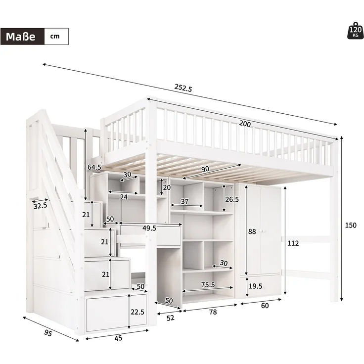 Kindereinzelbett 90×200 cm aus Massivholz und MDF mit Schreibtisch und Treppe, weiß – Bild 3