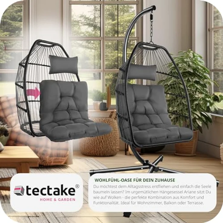 tectake Hängesessel Ariane, Dunkelgrau, Textil, robustes Stahlgestell, belastbar bis 160 kg, mit Schutzhülle, 98x202x107 cm – Bild 9