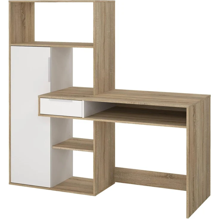 Dmora - Multifunktionsschreibtisch mit Bücherregal, Schublade und Tür, Farbe Weiß und Eiche, 162 x 155 x 60 cm – Bild 8