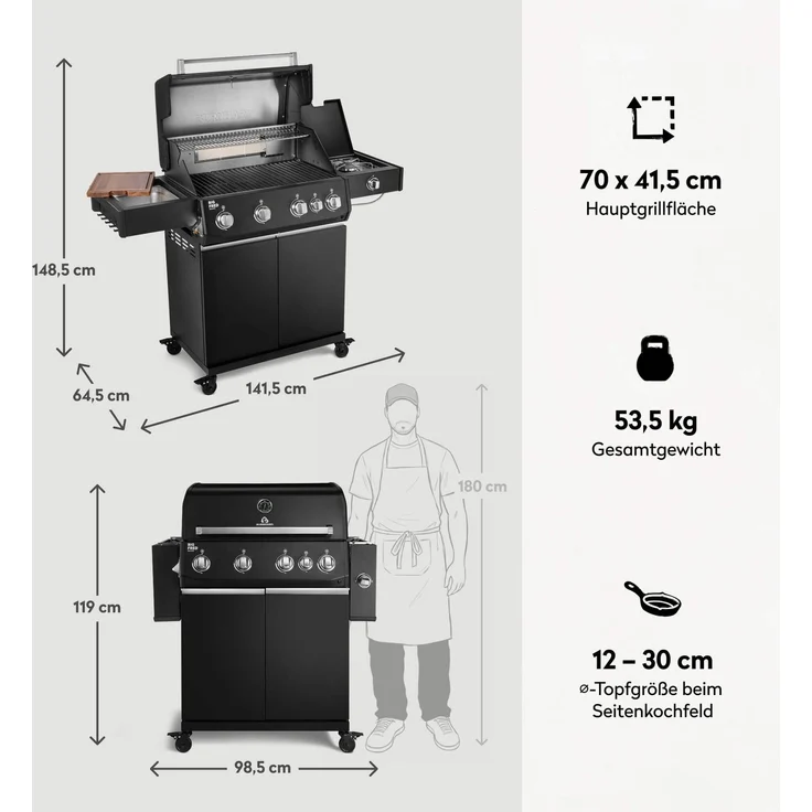 BURNHARD® 'Big FRED Deluxe' Gasgrill, 4-Brenner, Infrarot-Keramikbrenner, Heckbrenner, Seitenkochfeld, 70 × 41,5 cm Grillfläche – Bild 3