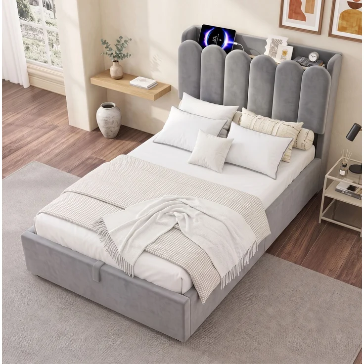 CHICFURN Polsterbett aus Samt grau 90x200 cm mit Bettkasten, LED-Beleuchtung und USB- und Type-C-Anschlüssen – Bild 3