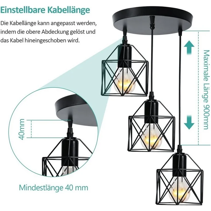 EMKE Pendelleuchte 3-flammig Industriell höhenverstellbar, ohne Leuchtmittel, E27-Fassung, Eisen Schwarz, Ideal für Esszimmer, Küche & Wohnzimmer – Bild 3