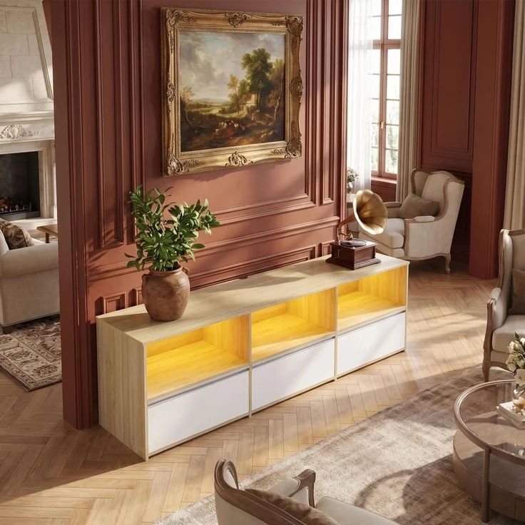 Halupeit 144 cm breiter TV-Schrank mit Doppeltür, geeignet für einen 65-Zoll-Fernseher, mit verstellbaren Einlegeböden, weiß, 144 × 40,5 × 50,5 cm – Bild 5