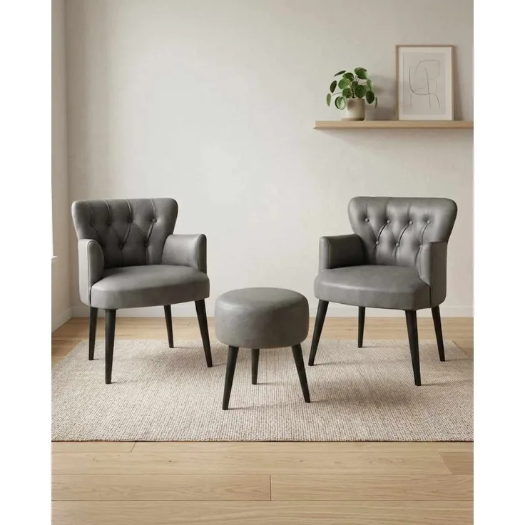 Hanah Home 'Az-2Rom-Syh - Grey' Ohrensessel- und Hocker-Set (3-teilig), Grau, 60 x 84 x 52 cm