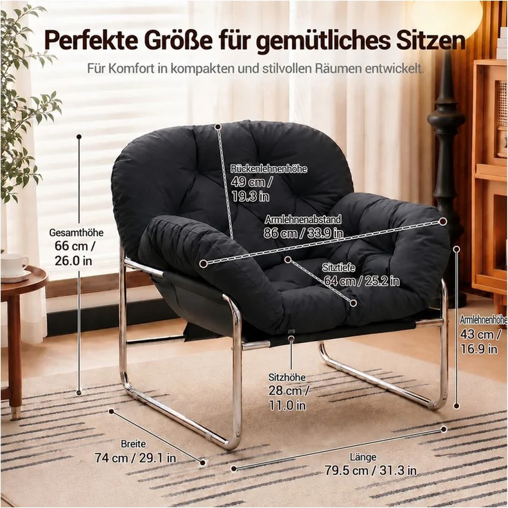 PEALOV Relaxsessel mit Armlehnen, Loungesessel aus Kunstleder mit Metallgestell, Weiß (1-St), für Wohnzimmer und Büro, 79,5 x 74 x 66 cm – Bild 2