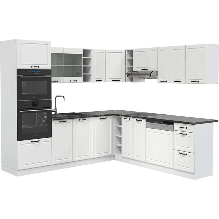 Eckküche R-Line Weiß Landhaus/Weiß 247 x 60 cm , AP Anthrazit Vicco